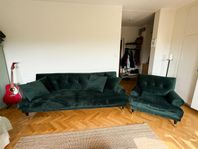 Grön 3-sits soffa & fåtölj i sammet
