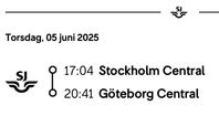 2 x tågbiljetter (ungdom 20-25år) Sthlm-GBG (5 Juni; 17.04