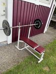 Stång, vikter, bänk och hexhantlar