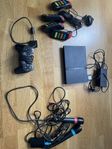 ps2 inkl kontroller, minneskort, spel, mikrofoner