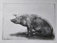 Lennart OLAUSSON Signerad etsning "Stor solande gris", 1989