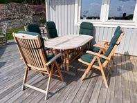 Bord och 6 stolar i teak plus sittdynor