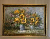 Stor oljemålning. WALTER ADAMS. Blomsterstilleben, 