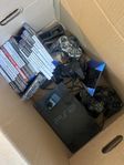 PS2 med spel, 4 kontroller, minneskort