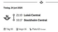 Tågbiljett Luleå-Stockholm 24 Juni, Stockholm-Malmö 25 Ju