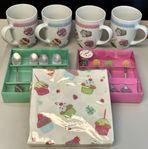NYTT 4 Muggar+8 Dessertskedar+Servetter Muffins/kakdekor
