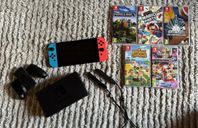 Nintendo Switch med tillbehör och 5 spel