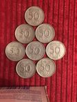 8 stycken 50 öringar 1953-1961 40%silver