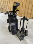Golfklubbor, bag och kärra