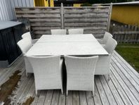 matgrupp i konstrotting med kompositskiva – 8 stolar + dyn