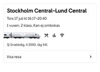 SJ Sthlm C - Lund; 17 juli kl 16.17 säljes!