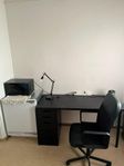 Bed, Desk, Office chair, mini fridge, microwave, mirror