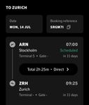 flygbiljetter Sthlm-Zürich ToR (1 vux + 1 barn)
