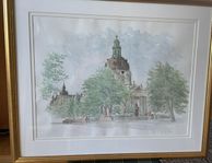 Gustav Vasa kyrka, Jan Lundqvist akvarell/tusch, sign 1996