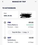 2 flygbiljetter Palma de Mallorca till Göteborg 20/7