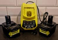 2 st 5.5Ah batteri + laddare till Ryobi One+ 18V-serie