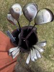 13 klubbor i sliten golfbag
