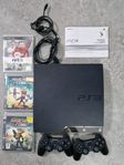 PS3 Slim - 2 handkontroller, 3 spel