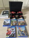 PS4 1 TB,  4 kontroller, stativ m laddning, 5 spel