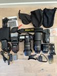 Nikon D300 i toppskick, 3 objektiv, ryggsäck, batteripack m