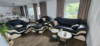 Soffa+2 fåtöljer+fotpall i skinn