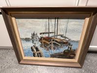 Vacker originalmålning – segelbåt i hamn, olja på duk