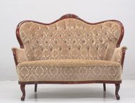 Retro soffa i beige gobeläng plysch och mahogny 50/60-tal
