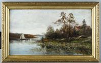 SEVERIN NILSON. Insjölandskap med segelbåt.