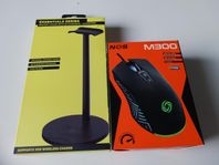 Gamingmus + headsetställ m. Qi laddning