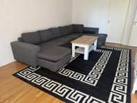 Hörnsoffa + soffbord + matta