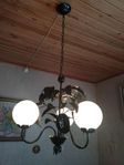 Vintage Taklampa.Svart Metall & Opalglas.3-armad Smidesstil!